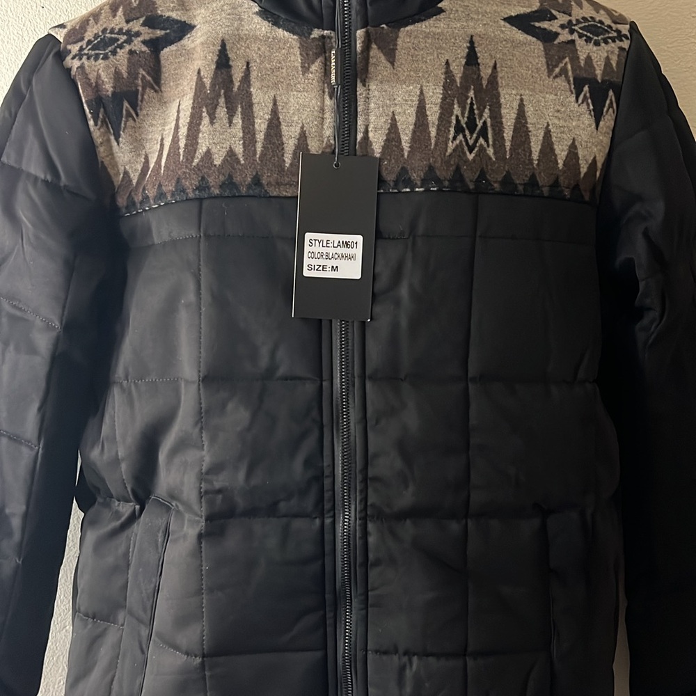 Men's Black and Tan Geometric Puffer Jacket